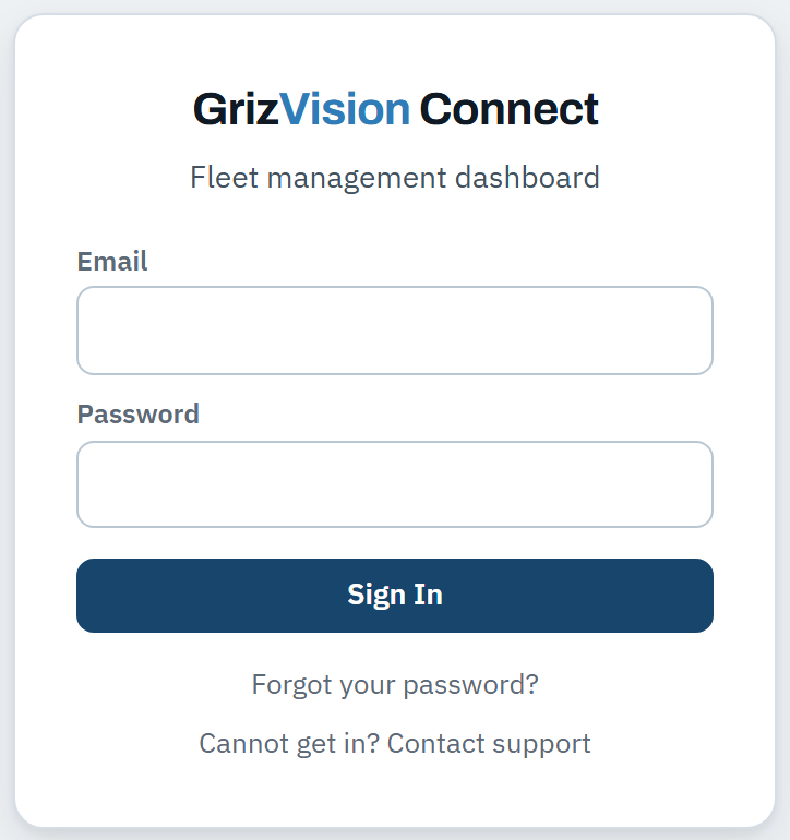The GrizVision Connect sign-in page with fields for email and password, a Sign In button, and links reading Forgot your password and Cannot get in? Contact support.