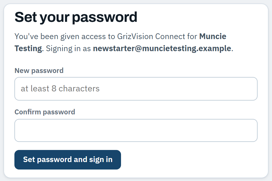 The set-password page reached from a welcome email: a field for a new password, a field to confirm it, and a button to finish.